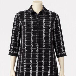 Samuel Dong Shirt Womens Medium Black White Embroidered Open‎ Tunic Lagenlook